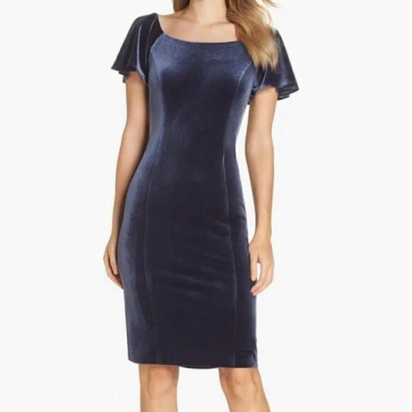 Eliza J Scoop Neck Flutter Sleeve Velvet Sheath Dress Knee Length Women 14 Navy - Picture 1 of 10